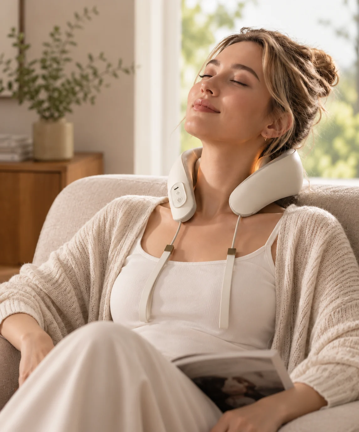 Woman relaxing with a neck massager