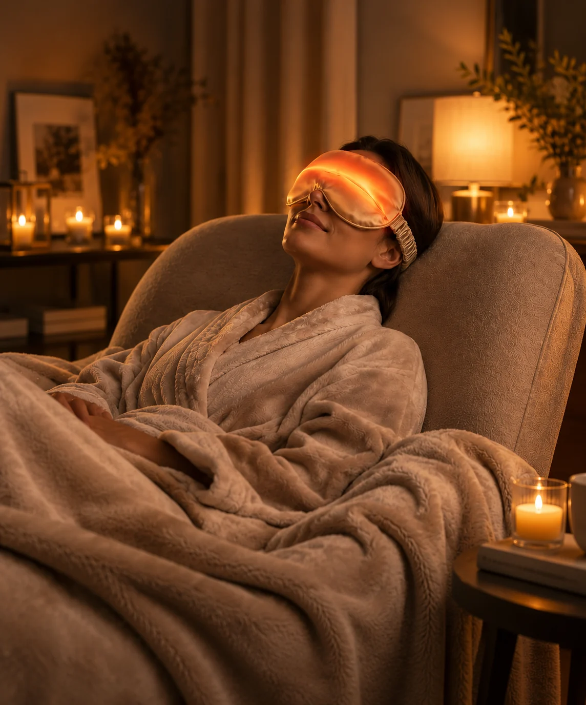 Woman resting in an armchair with a heated eye mask